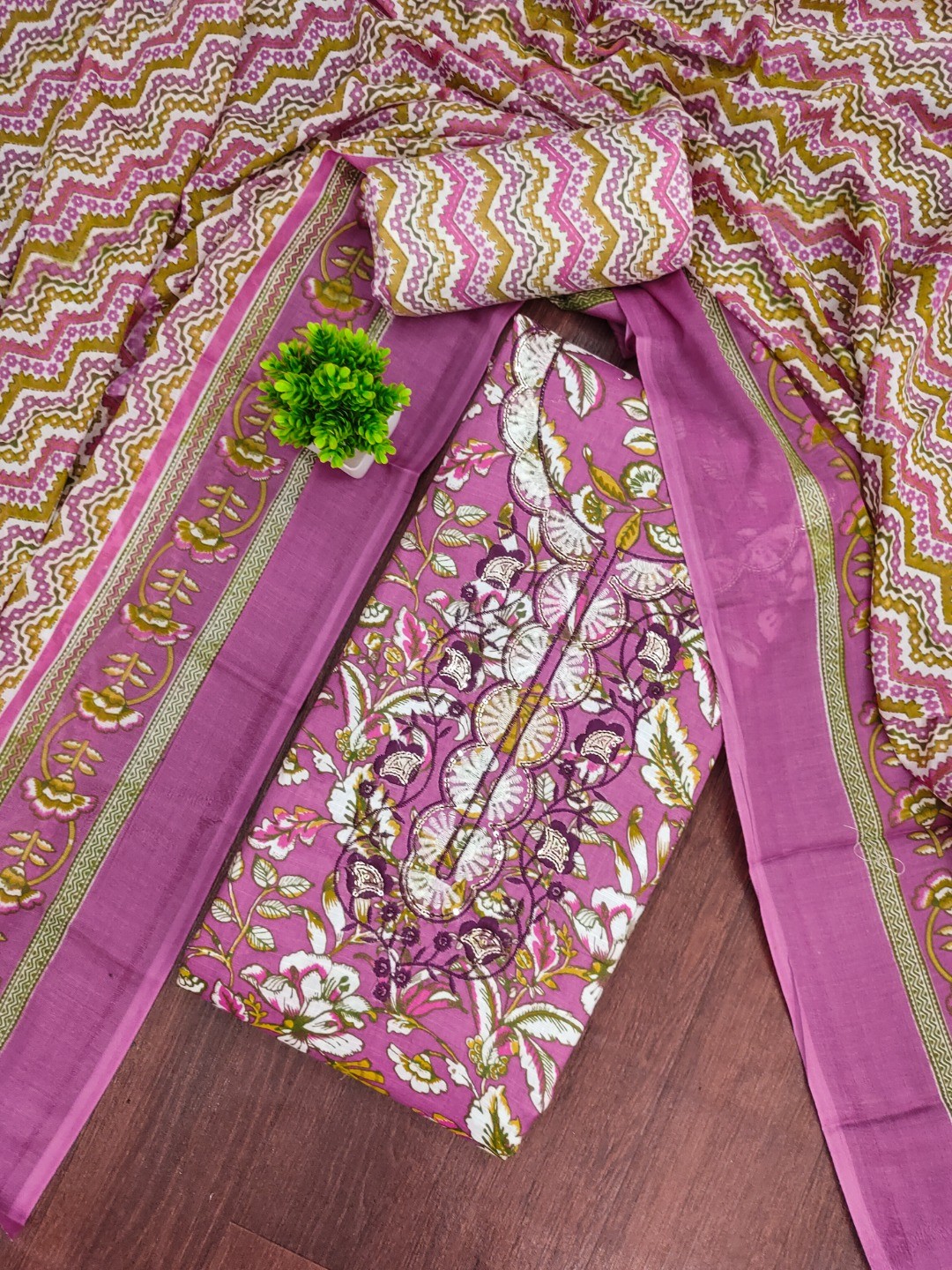 Fresh Pink Floral Printed Cotton Blend Dress Material With Elegant Sequins Embroidery Work On Neck - Image 4