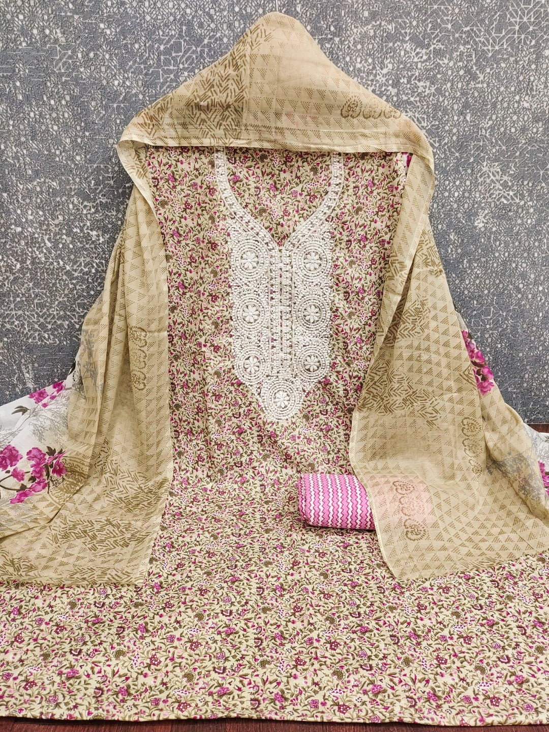 Stylish Cream & Pink Floral Printed Cotton Blend Dress Material With Embroidery Neck Work - Image 5