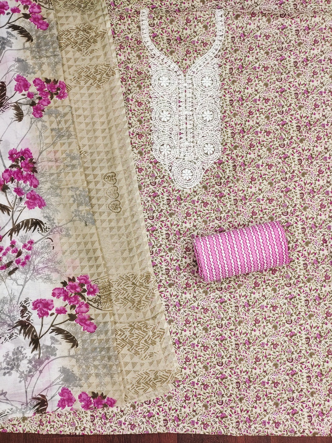 Stylish Cream & Pink Floral Printed Cotton Blend Dress Material With Embroidery Neck Work - Image 4