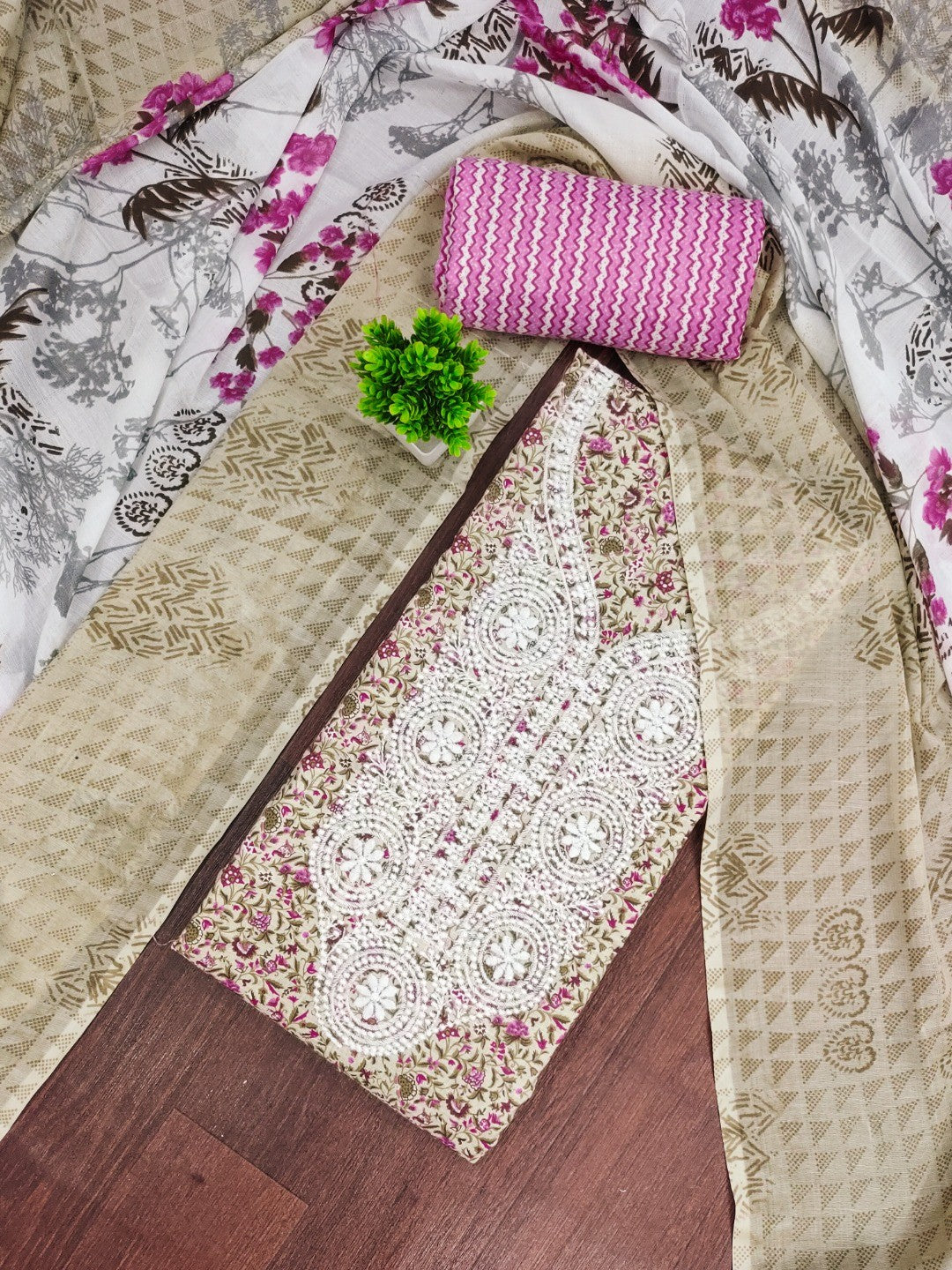 Stylish Cream & Pink Floral Printed Cotton Blend Dress Material With Embroidery Neck Work - Image 3