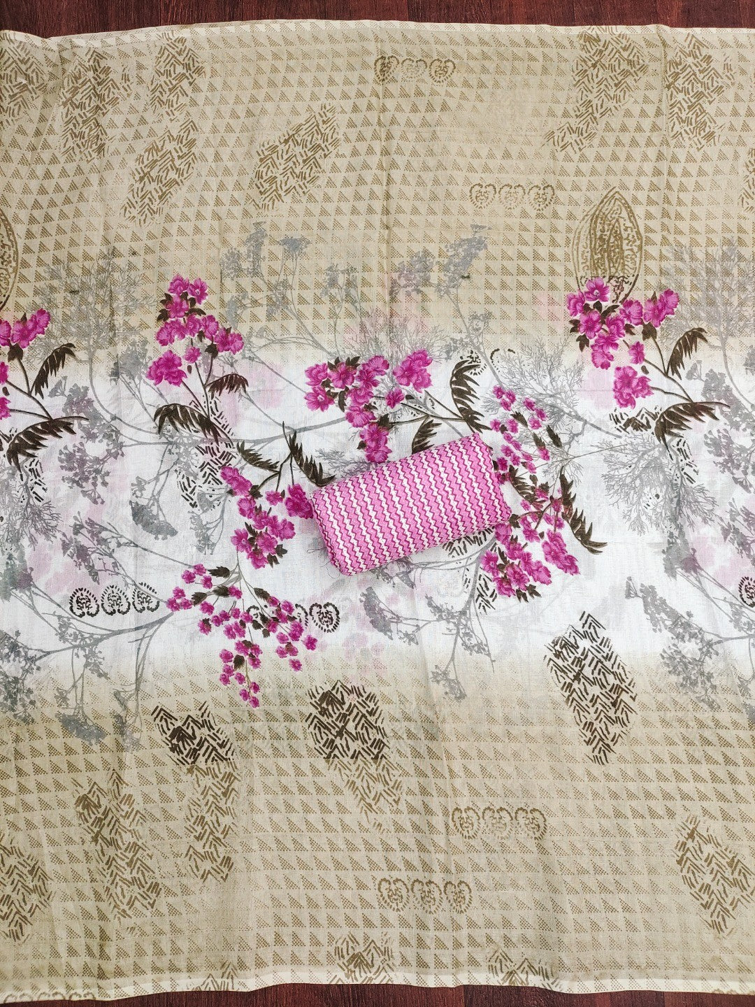 Stylish Cream & Pink Floral Printed Cotton Blend Dress Material With Embroidery Neck Work - Image 2
