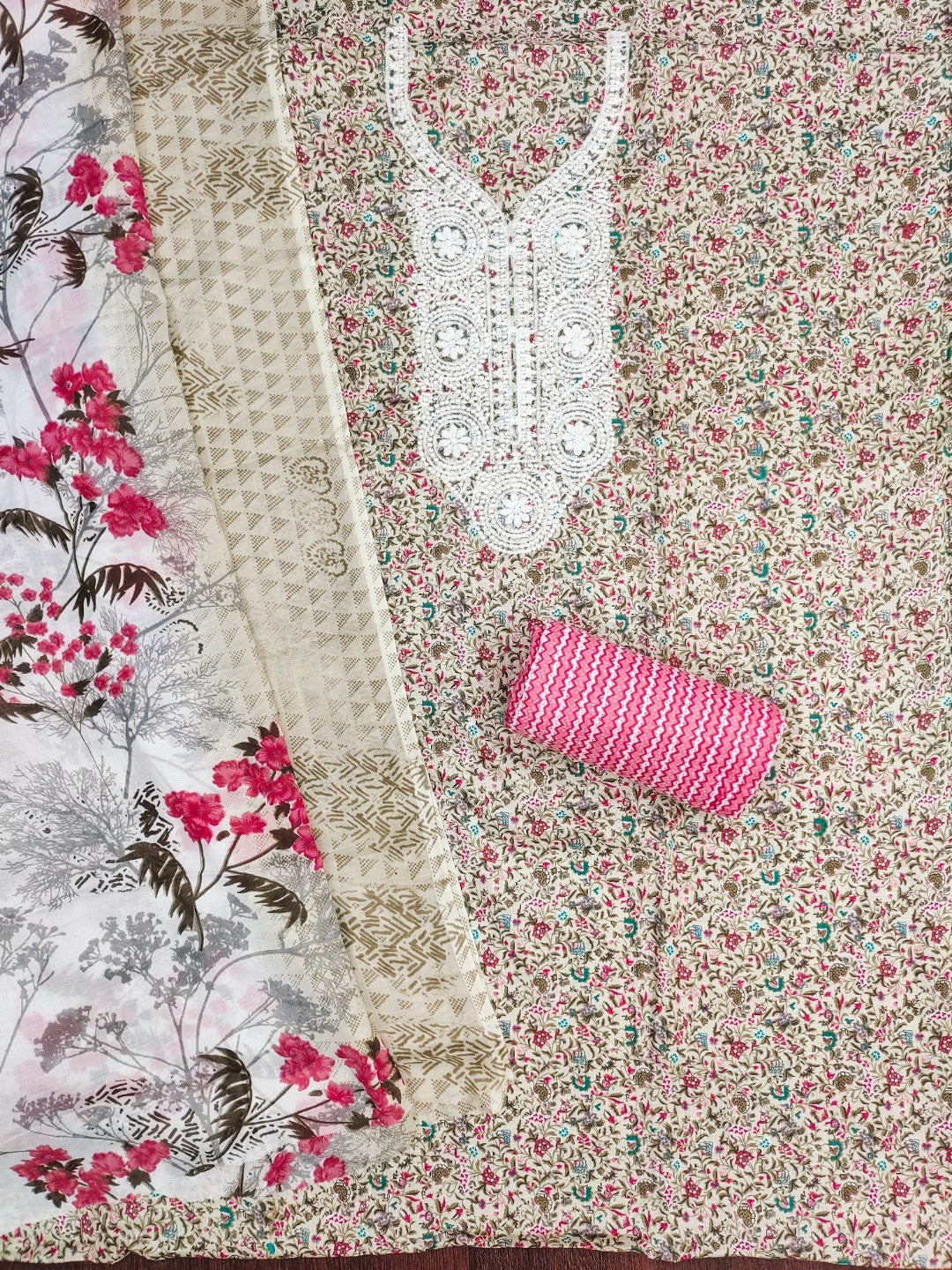 Stylish Cream & Gajari Pink Floral Printed Cotton Blend Dress Material With Embroidery Neck Work - Image 4