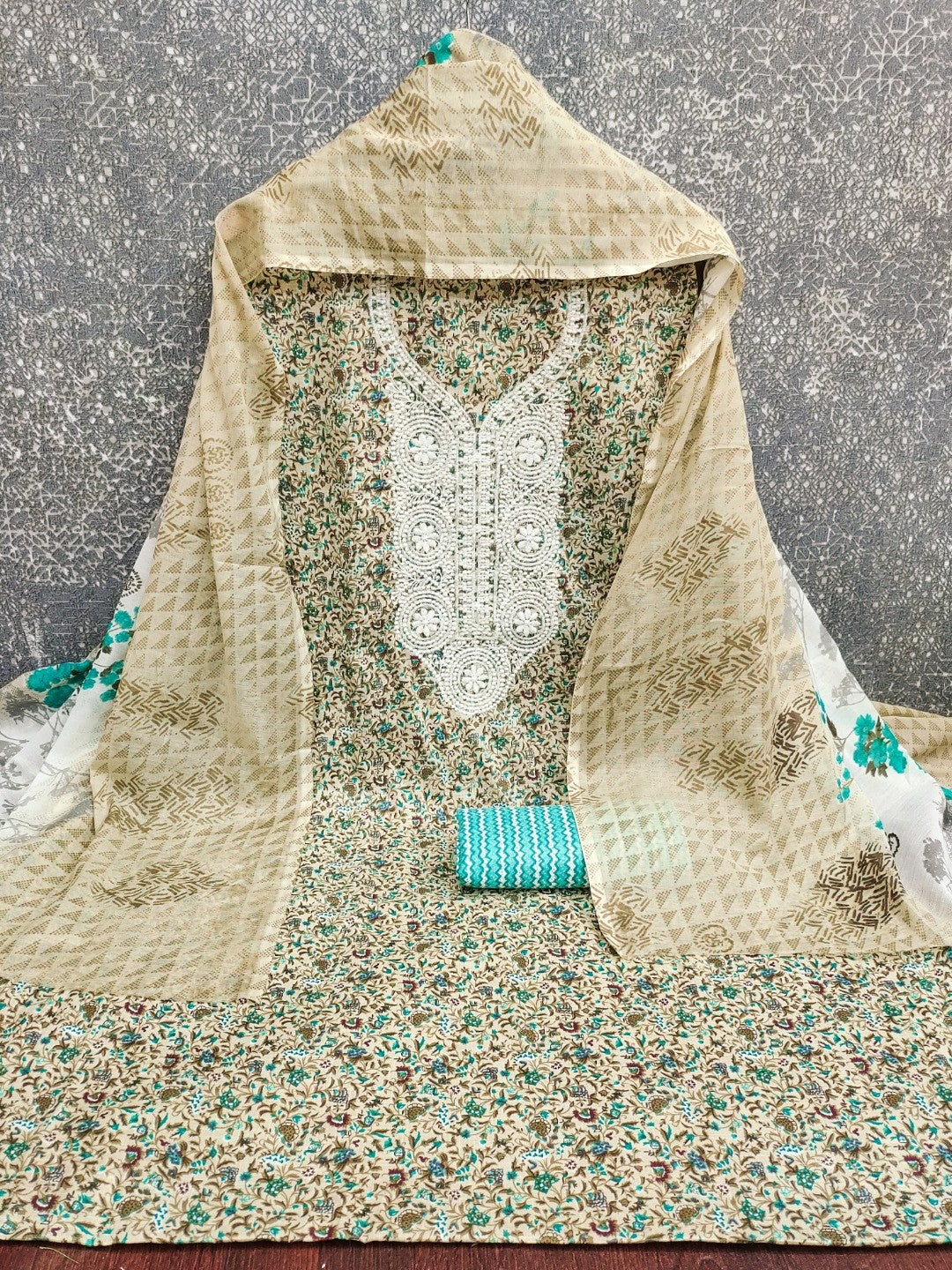 Stylish Cream & Turquoise Floral Printed Cotton Blend Dress Material With Embroidery Neck Work - Image 4