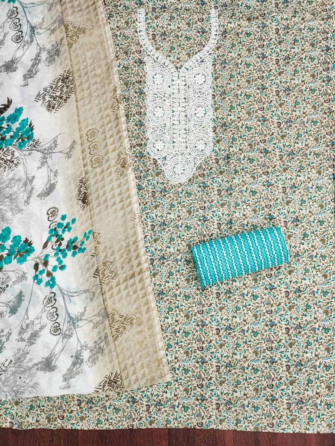 Stylish Cream & Turquoise Floral Printed Cotton Blend Dress Material With Embroidery Neck Work - Image 3
