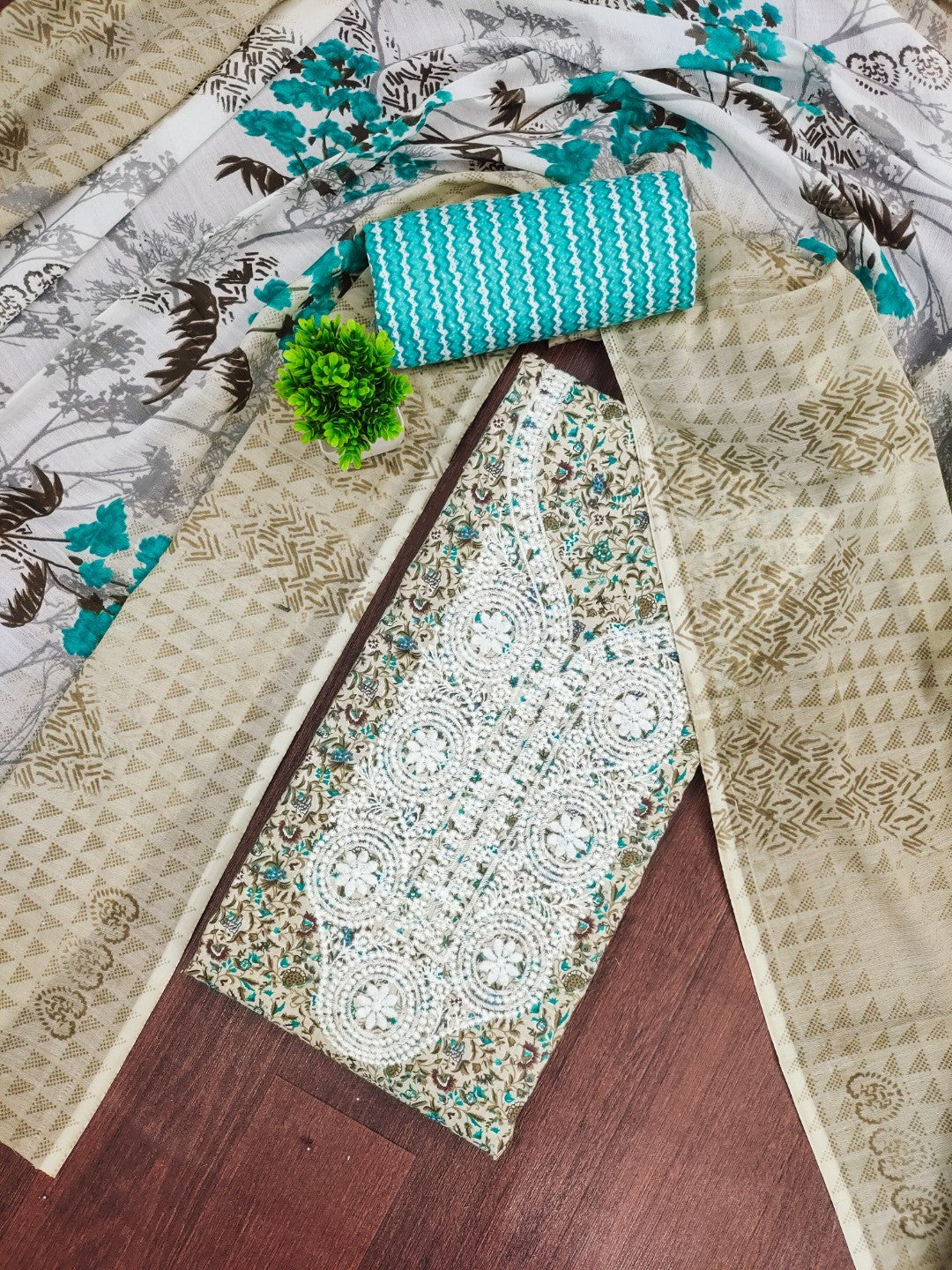 Stylish Cream & Turquoise Floral Printed Cotton Blend Dress Material With Embroidery Neck Work - Image 2