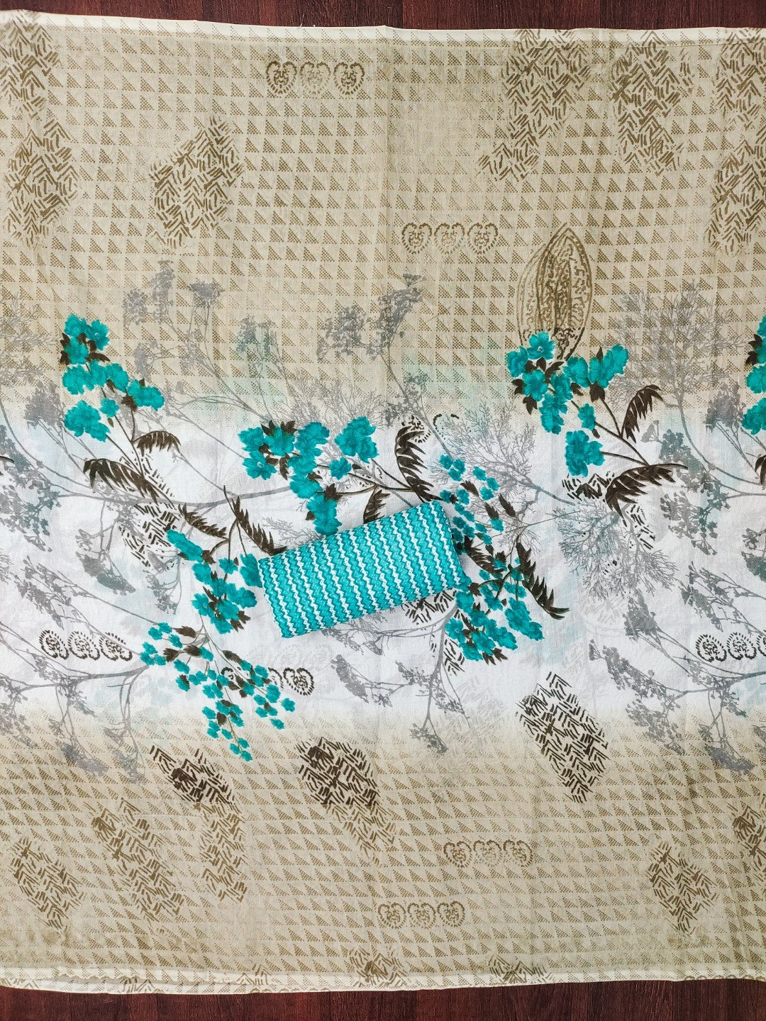 Stylish Cream & Turquoise Floral Printed Cotton Blend Dress Material With Embroidery Neck Work - Image 5