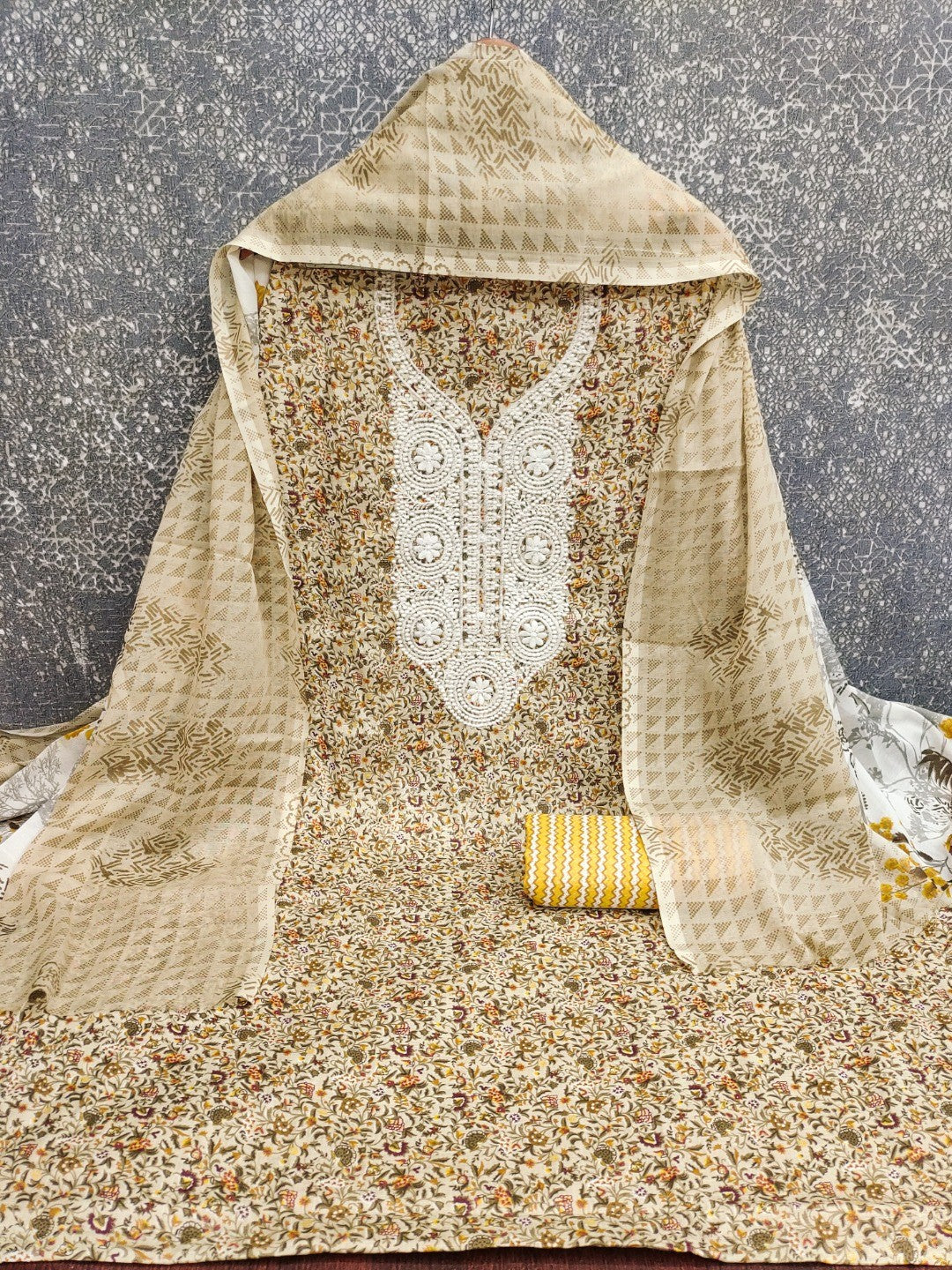 Stylish Cream & Yellow Floral Printed Cotton Blend Dress Material With Embroidery Neck Work - Image 2