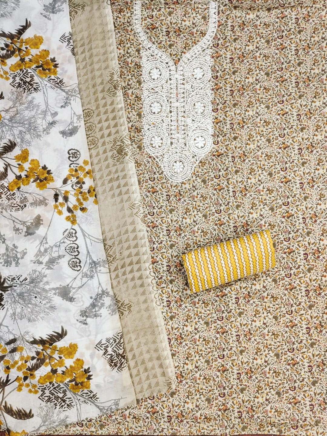 Stylish Cream & Yellow Floral Printed Cotton Blend Dress Material With Embroidery Neck Work - Image 3