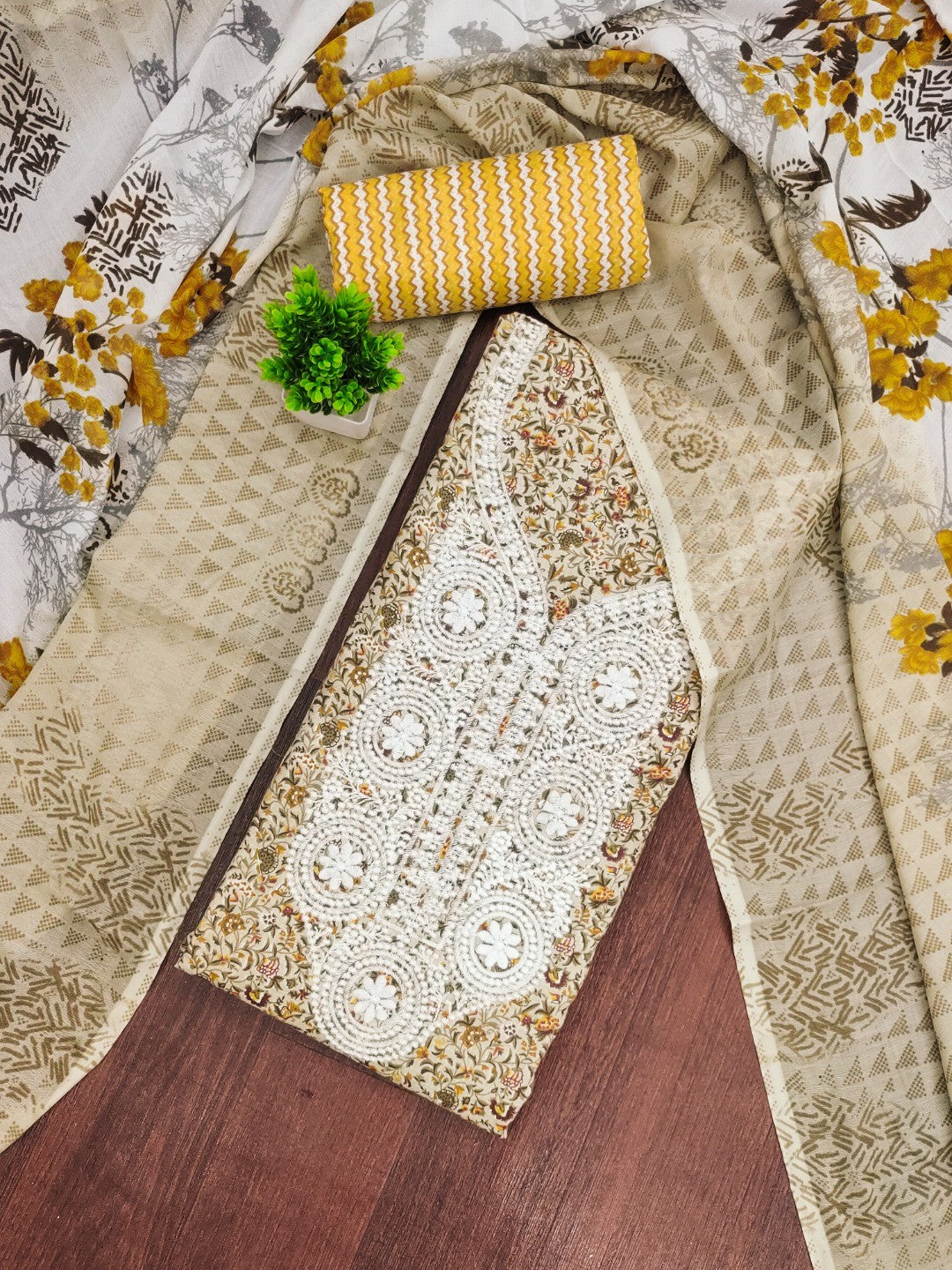 Stylish Cream & Yellow Floral Printed Cotton Blend Dress Material With Embroidery Neck Work - Image 4