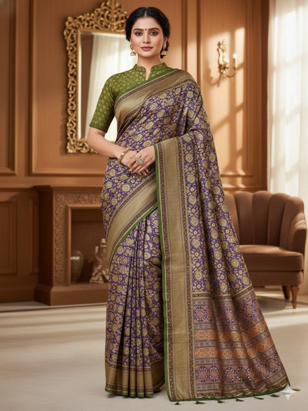 Purple Floral Printed Silk Blend Saree with Premium Texture and Designer Style Finish - Image 1