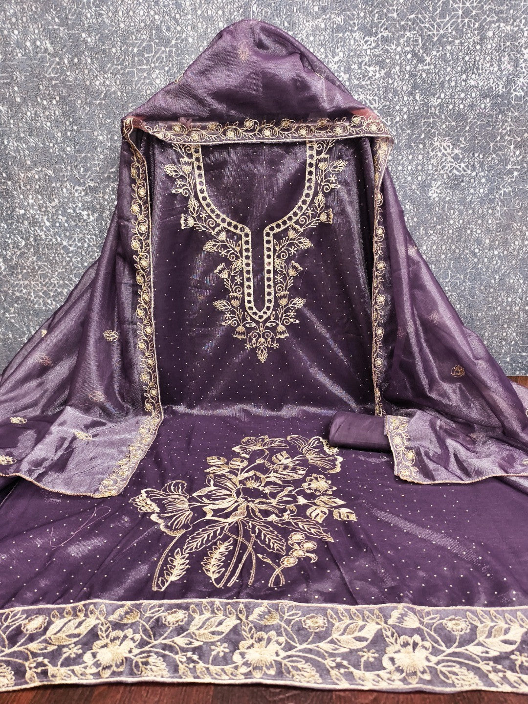 Sophisticated Lavender Floral Embroidered Organza Dress Material With Fine Swarovski Accents - Image 5