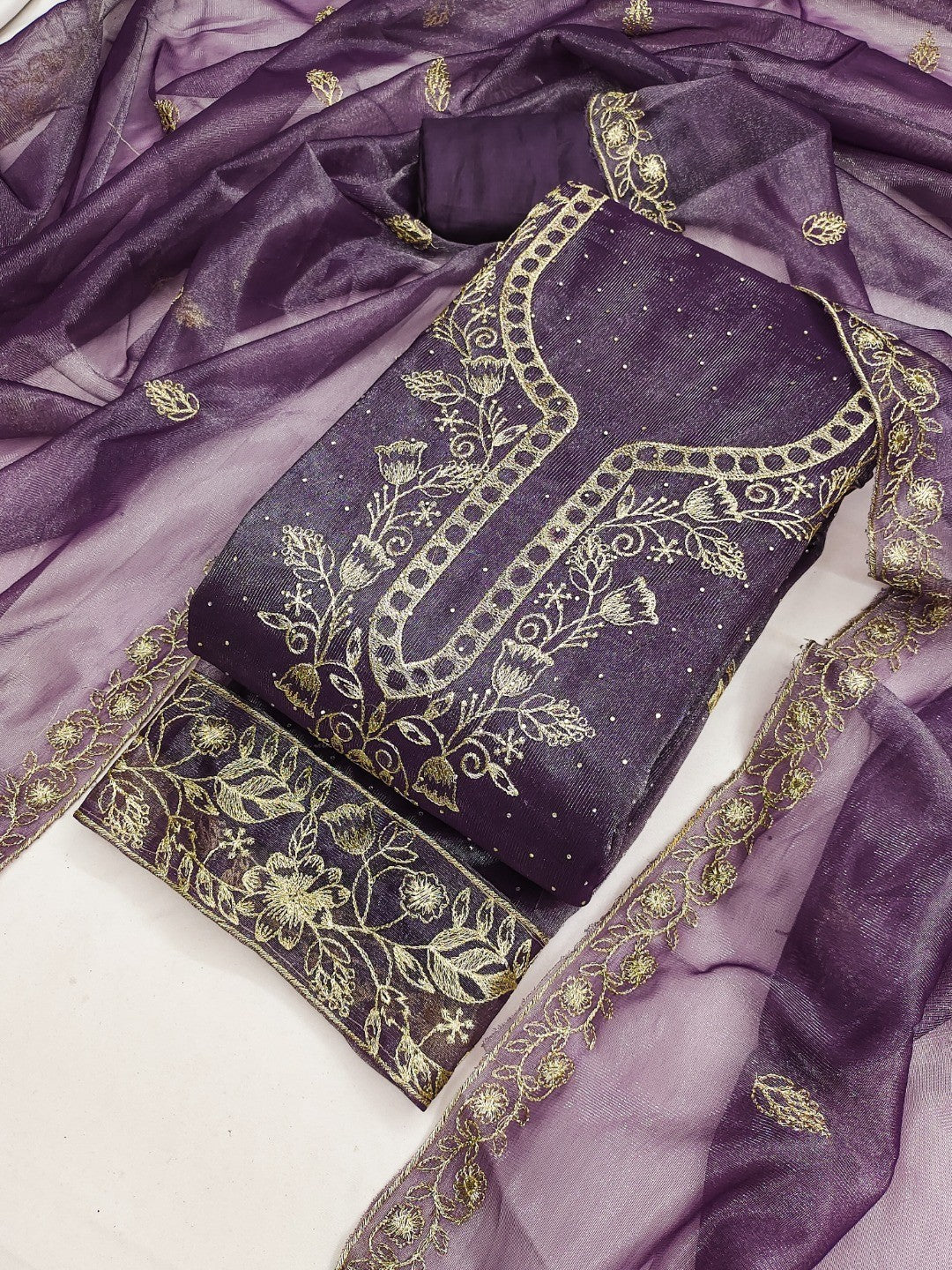 Sophisticated Lavender Floral Embroidered Organza Dress Material With Fine Swarovski Accents - Image 4