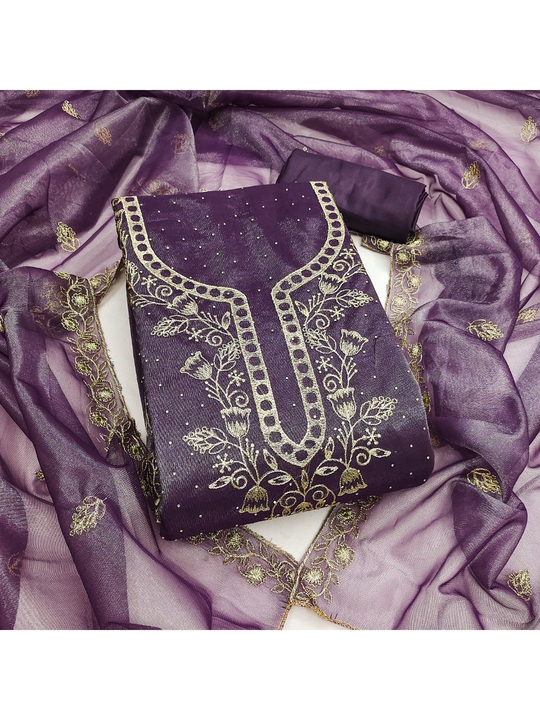 Sophisticated Lavender Floral Embroidered Organza Dress Material With Fine Swarovski Accents - Image 2