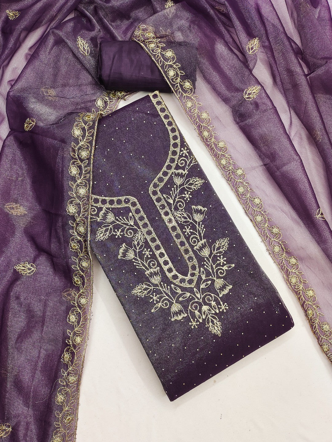 Sophisticated Lavender Floral Embroidered Organza Dress Material With Fine Swarovski Accents - Image 3