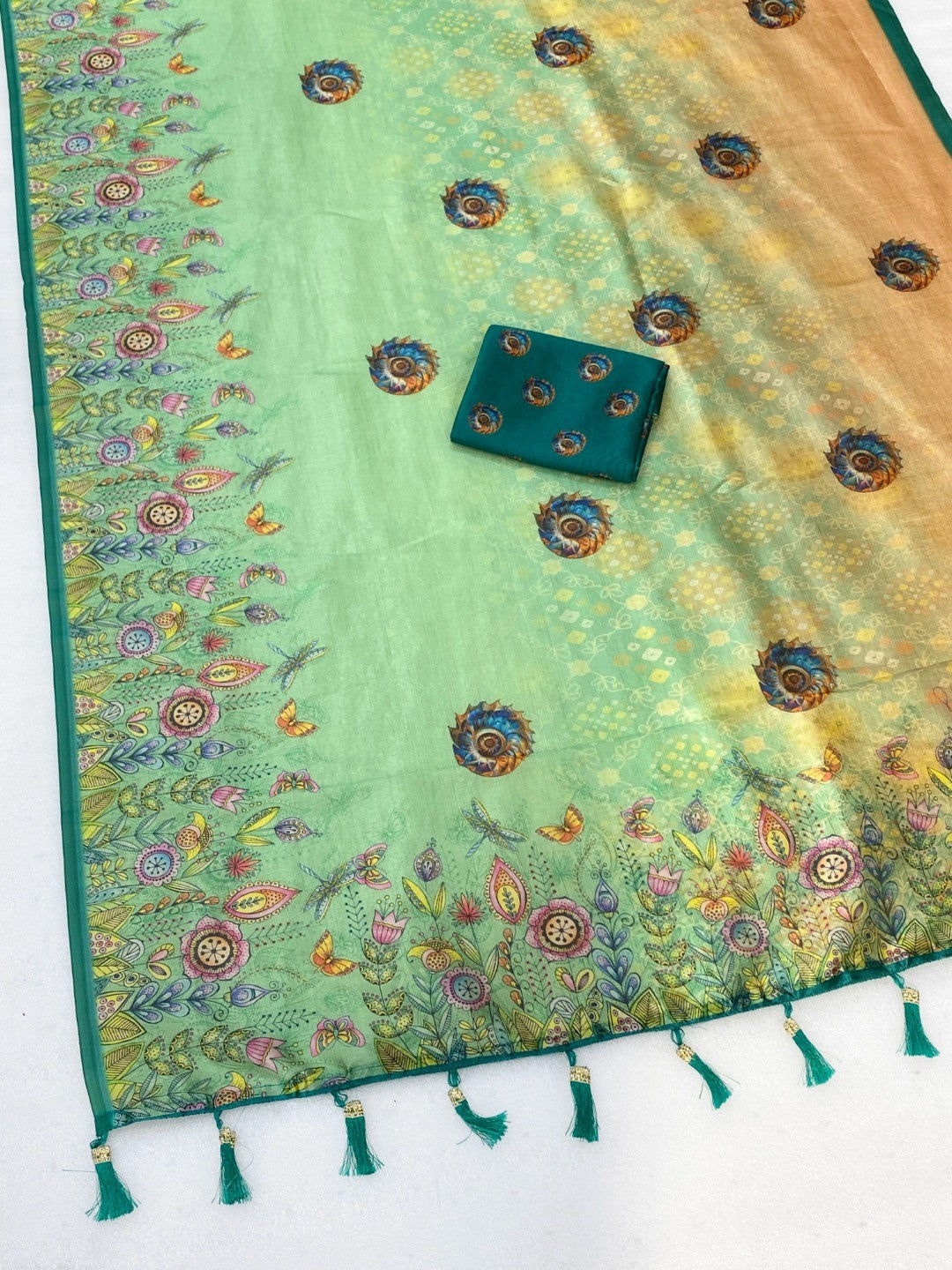 Green Floral Printed Silk Blend Saree with Premium Texture and Designer Style Finish - Image 4