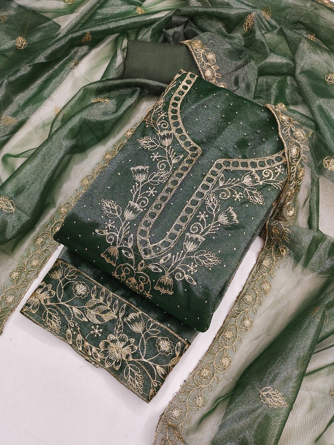 Sophisticated Green Floral Embroidered Organza Dress Material With Fine Swarovski Accents - Image 3