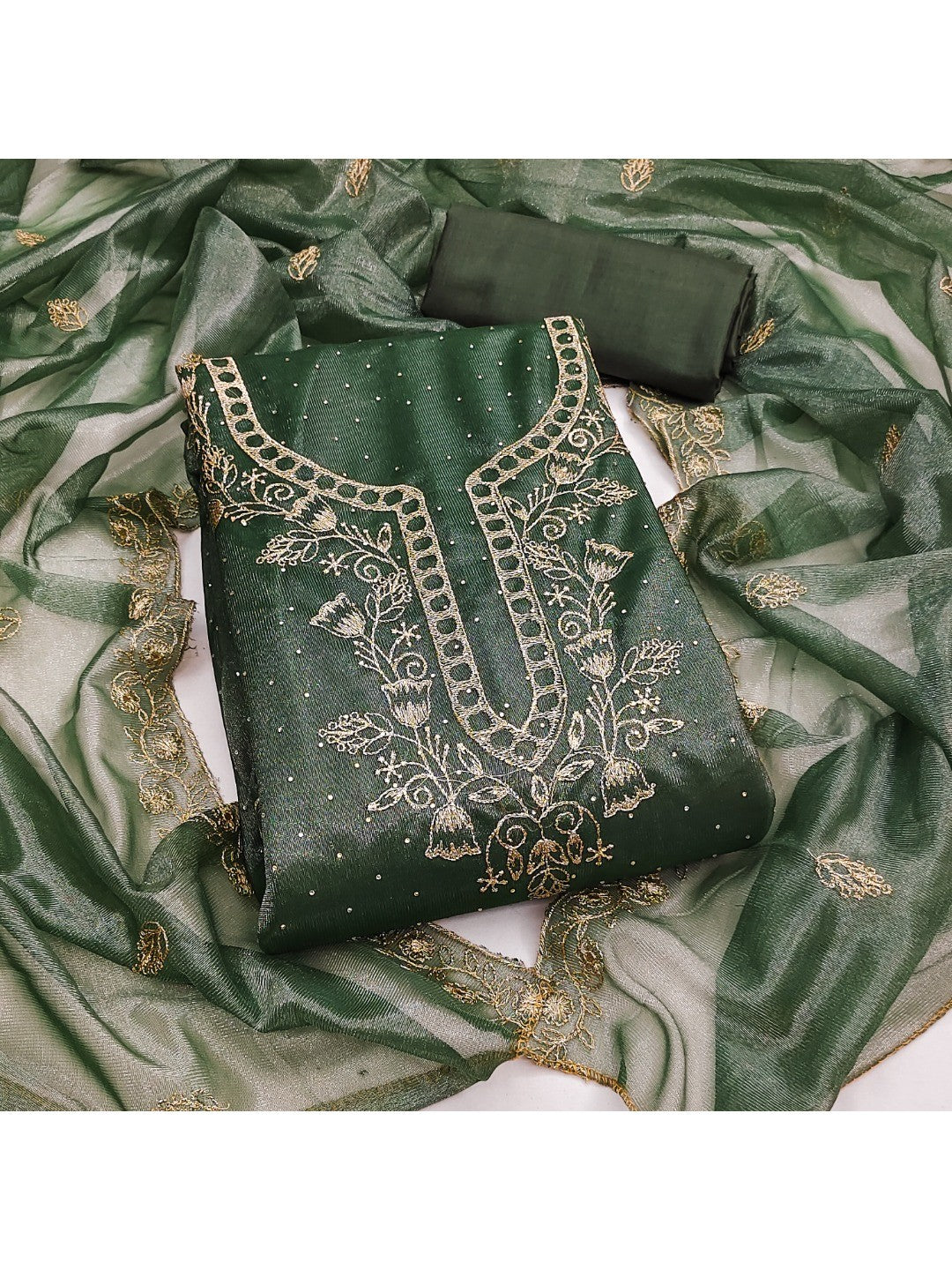 Sophisticated Green Floral Embroidered Organza Dress Material With Fine Swarovski Accents - Image 1