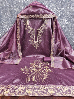 Sophisticated Purple Floral Embroidered Organza Dress Material With Fine Swarovski Accents - Image 2