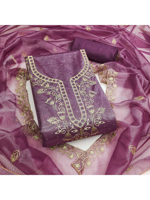 Sophisticated Purple Floral Embroidered Organza Dress Material With Fine Swarovski Accents - Image 2