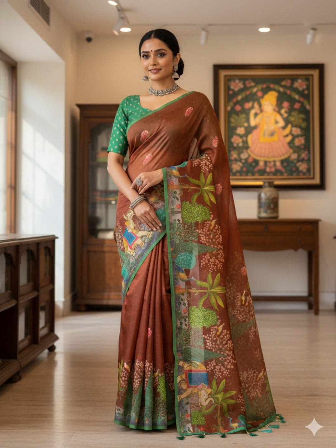 Elegant Brown Silk Blend Saree with Printed Border - Image 1