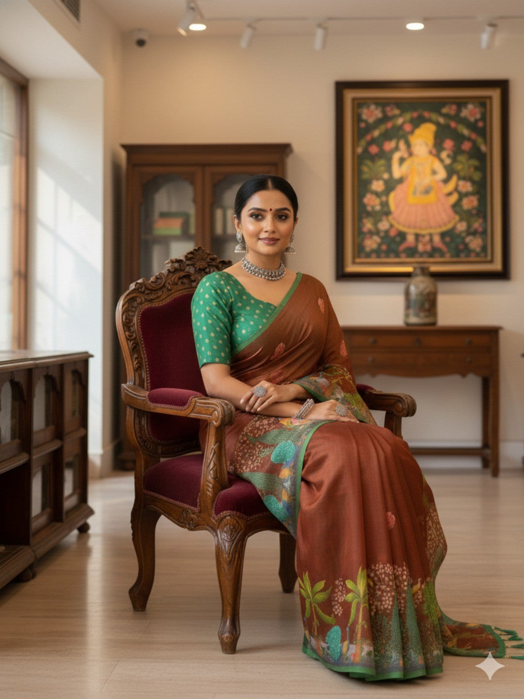 Elegant Brown Silk Blend Saree with Printed Border - Image 2