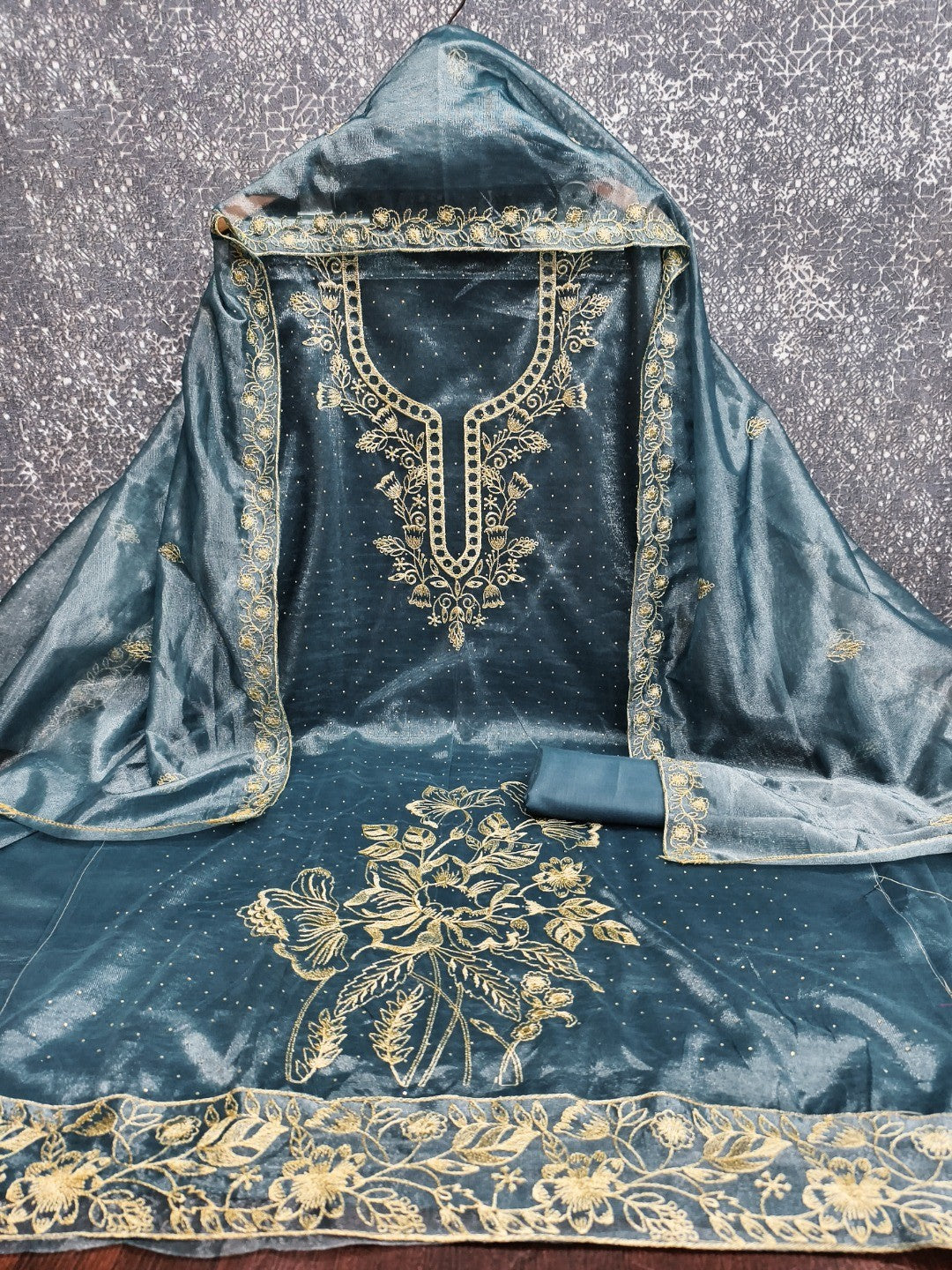 Sophisticated Blue Floral Embroidered Organza Dress Material With Fine Swarovski Accents - Image 4