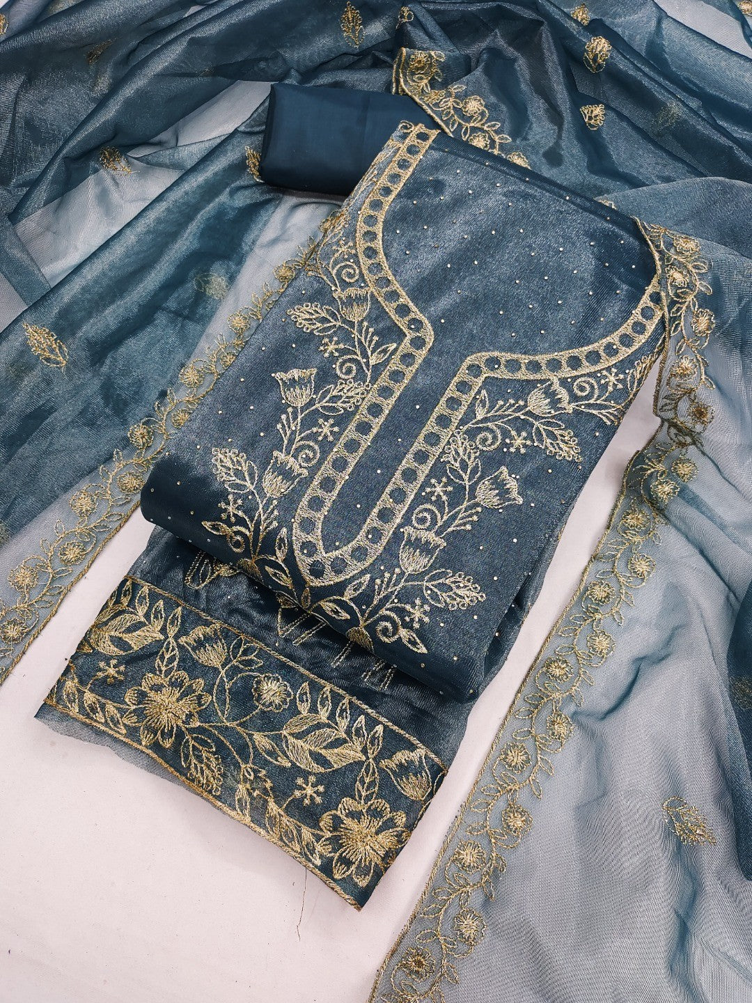 Sophisticated Blue Floral Embroidered Organza Dress Material With Fine Swarovski Accents - Image 3