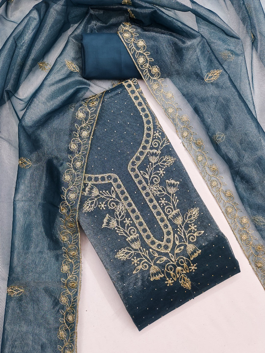 Sophisticated Blue Floral Embroidered Organza Dress Material With Fine Swarovski Accents - Image 5