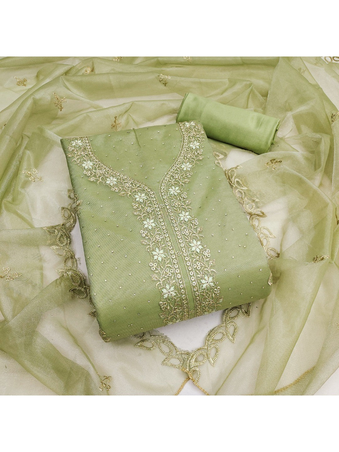 Timeless Green Floral Embroidered Organza Dress Material With Luxurious Swarovski Work - Image 1