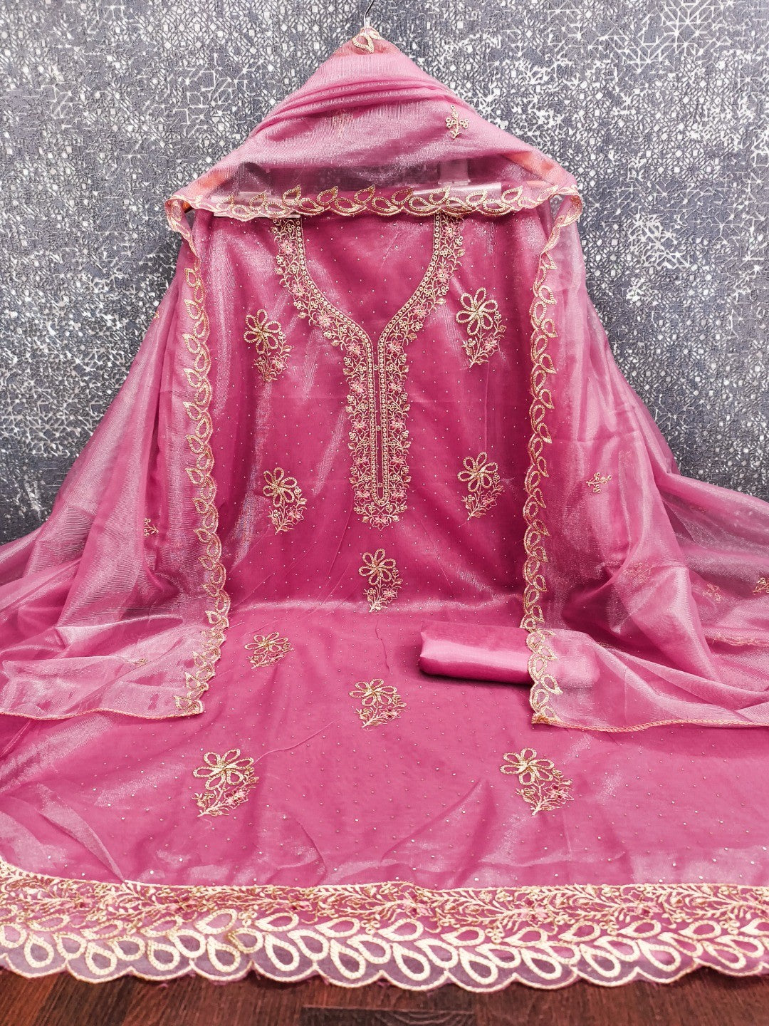Timeless Pink Floral Embroidered Organza Dress Material With Luxurious Swarovski Work - Image 4