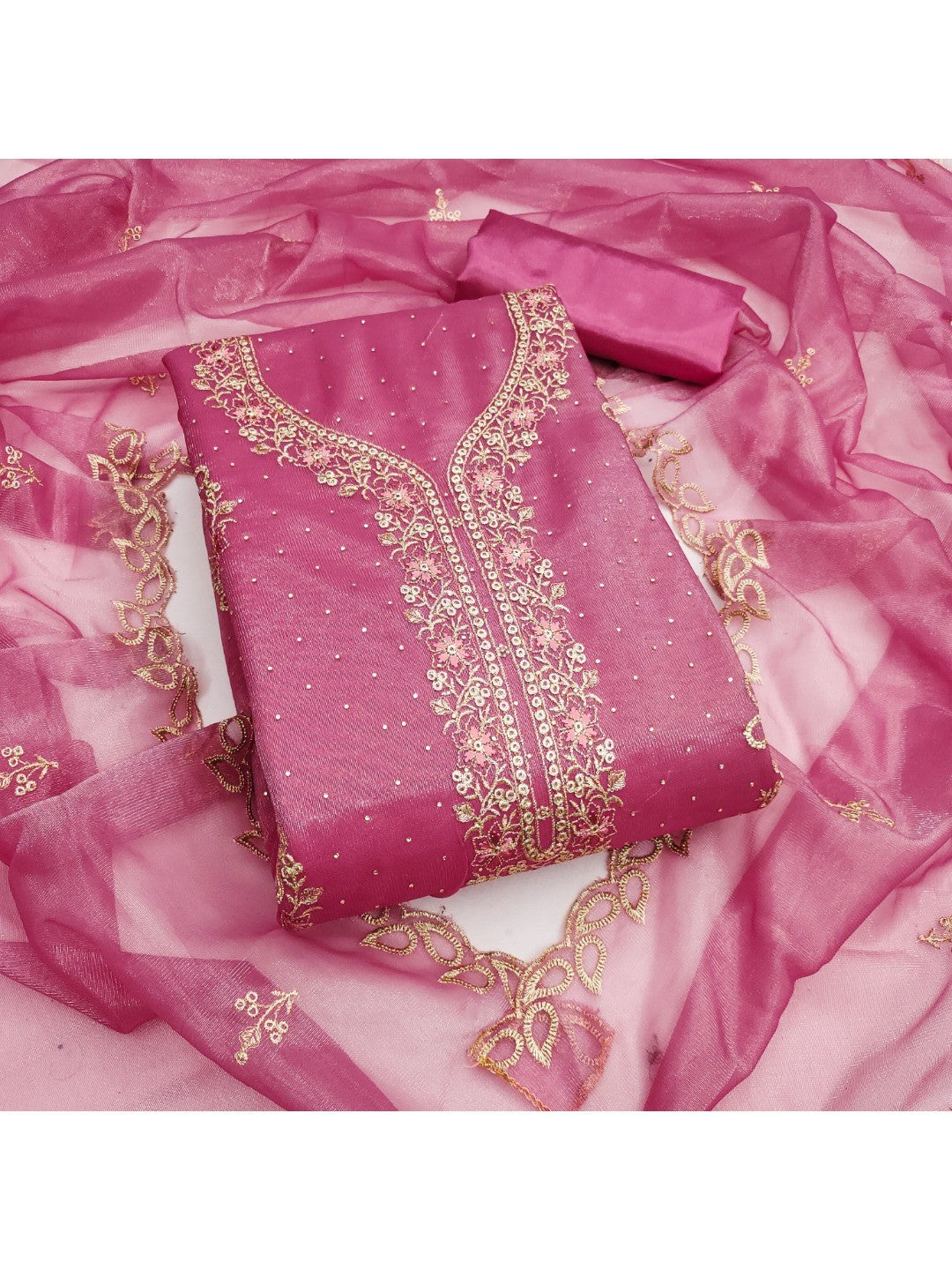 Timeless Pink Floral Embroidered Organza Dress Material With Luxurious Swarovski Work - Image 1