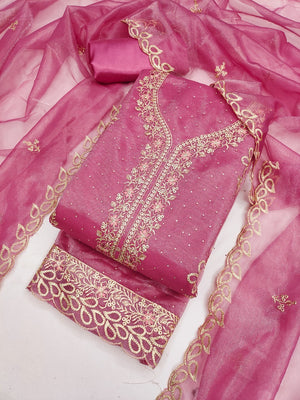 Timeless Pink Floral Embroidered Organza Dress Material With Luxurious Swarovski Work - Image 2