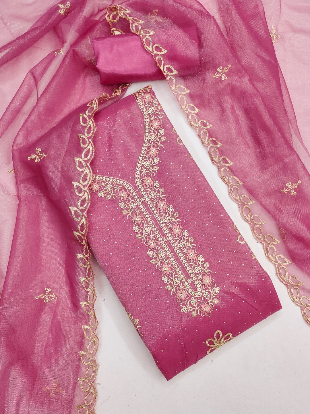 Timeless Pink Floral Embroidered Organza Dress Material With Luxurious Swarovski Work - Image 5
