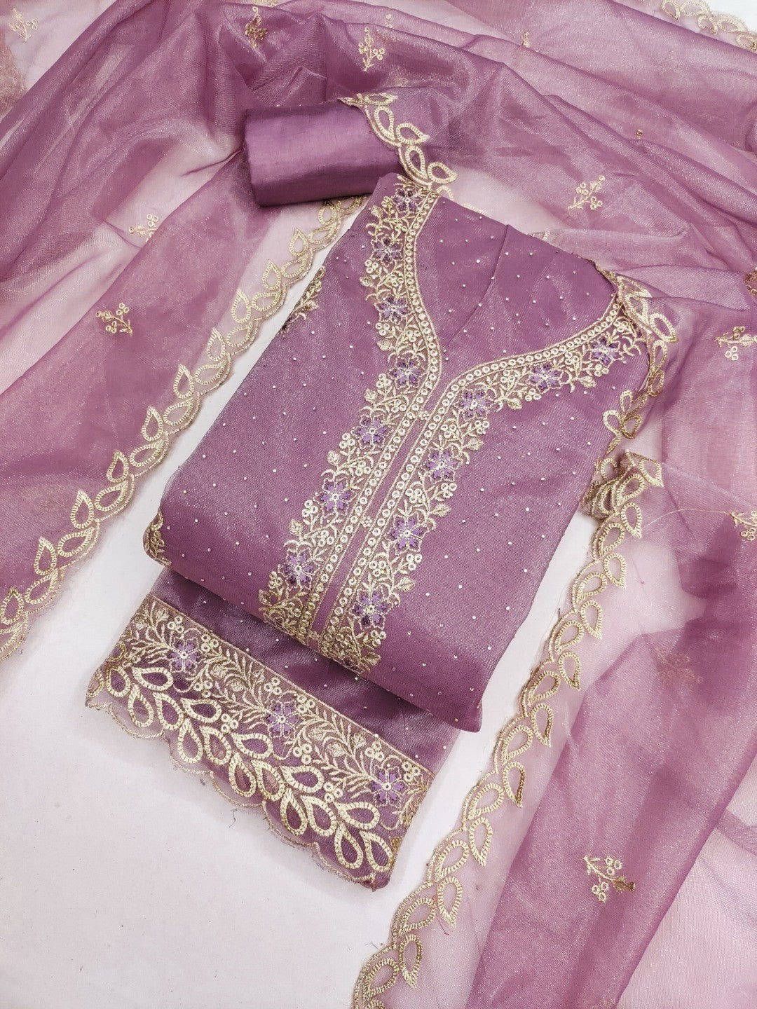 Timeless Mauve Floral Embroidered Organza Dress Material With Luxurious Swarovski Work - Image 1
