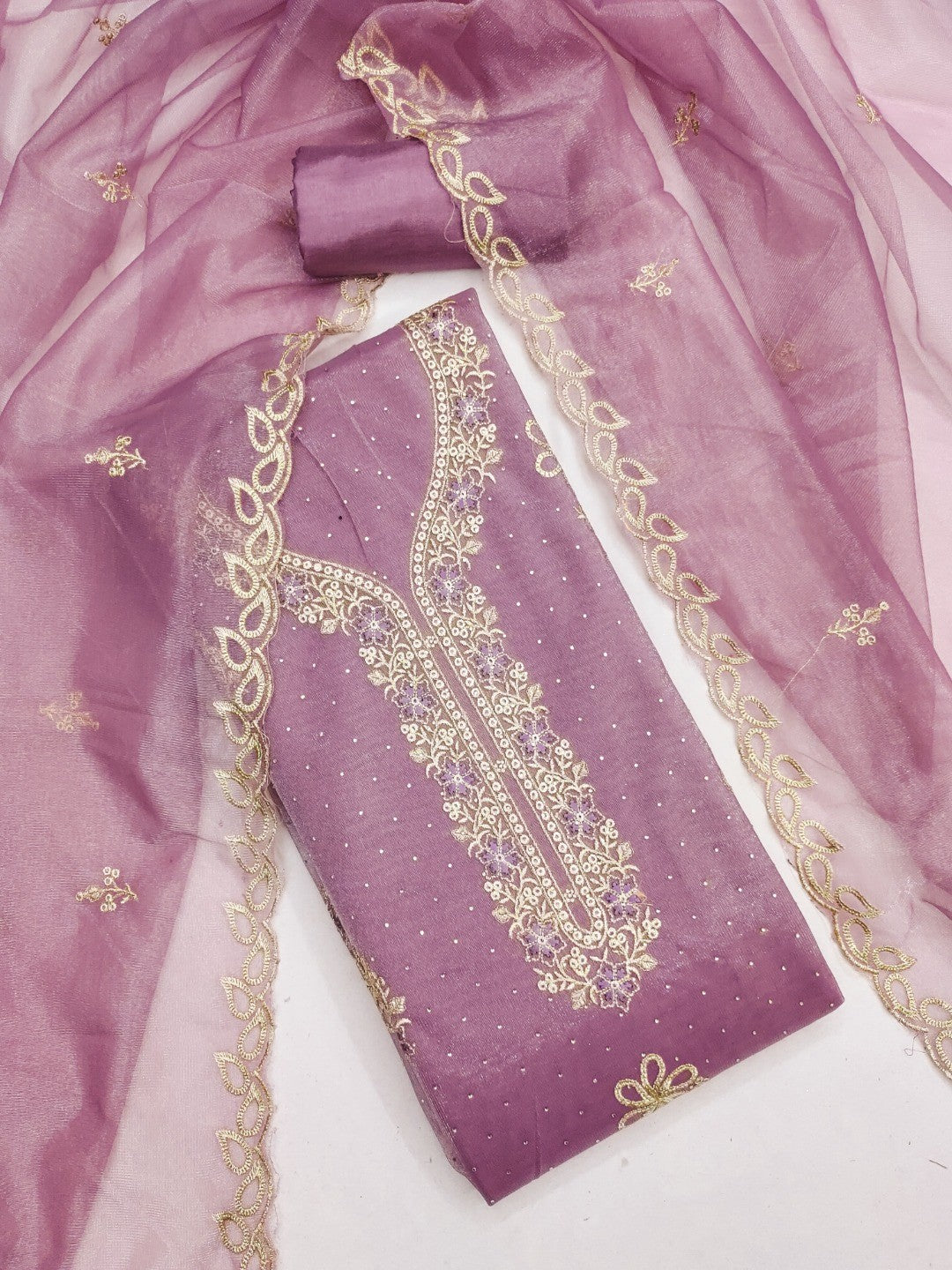 Timeless Mauve Floral Embroidered Organza Dress Material With Luxurious Swarovski Work - Image 3