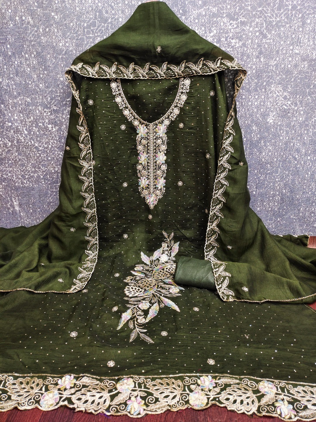 Dreamy Mehendi Green Floral Embroidery Vichitra Silk Dress Material Enhanced With Swarovski Work - Image 6