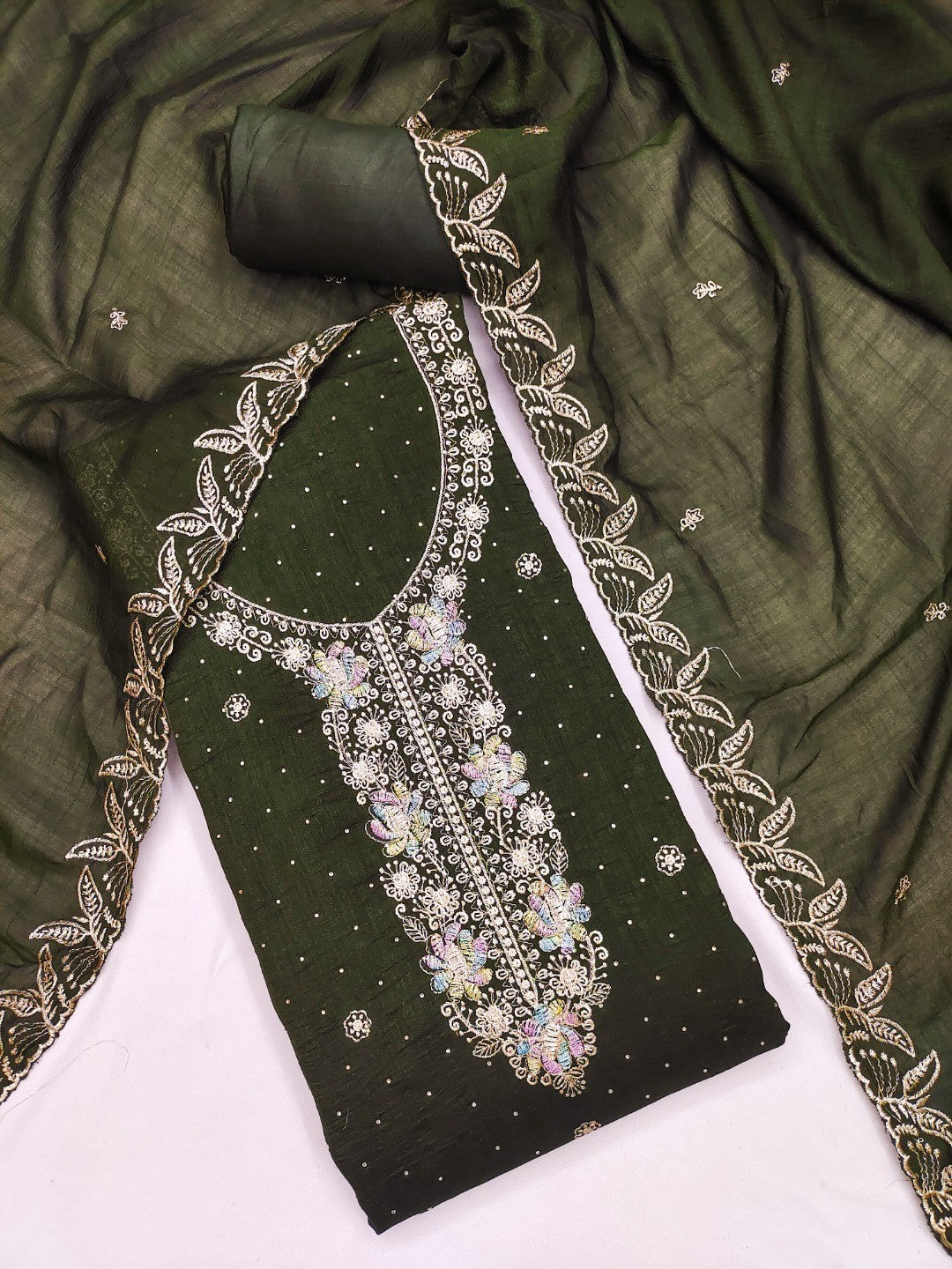 Dreamy Mehendi Green Floral Embroidery Vichitra Silk Dress Material Enhanced With Swarovski Work - Image 4