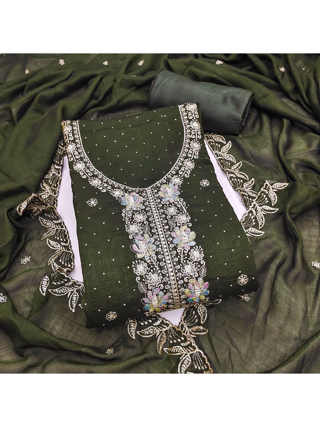 Dreamy Mehendi Green Floral Embroidery Vichitra Silk Dress Material Enhanced With Swarovski Work - Image 3