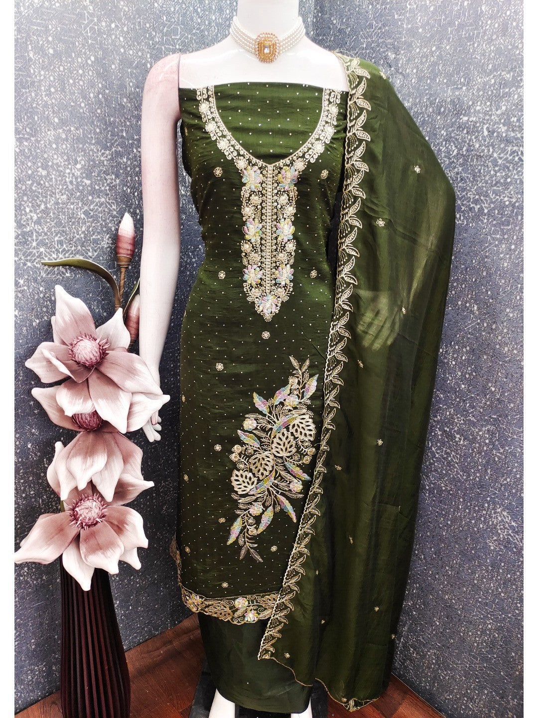 Dreamy Mehendi Green Floral Embroidery Vichitra Silk Dress Material Enhanced With Swarovski Work - Image 5