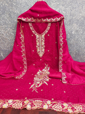 Dreamy Pink Floral Embroidery Vichitra Silk Dress Material Enhanced With Swarovski Work - Image 2