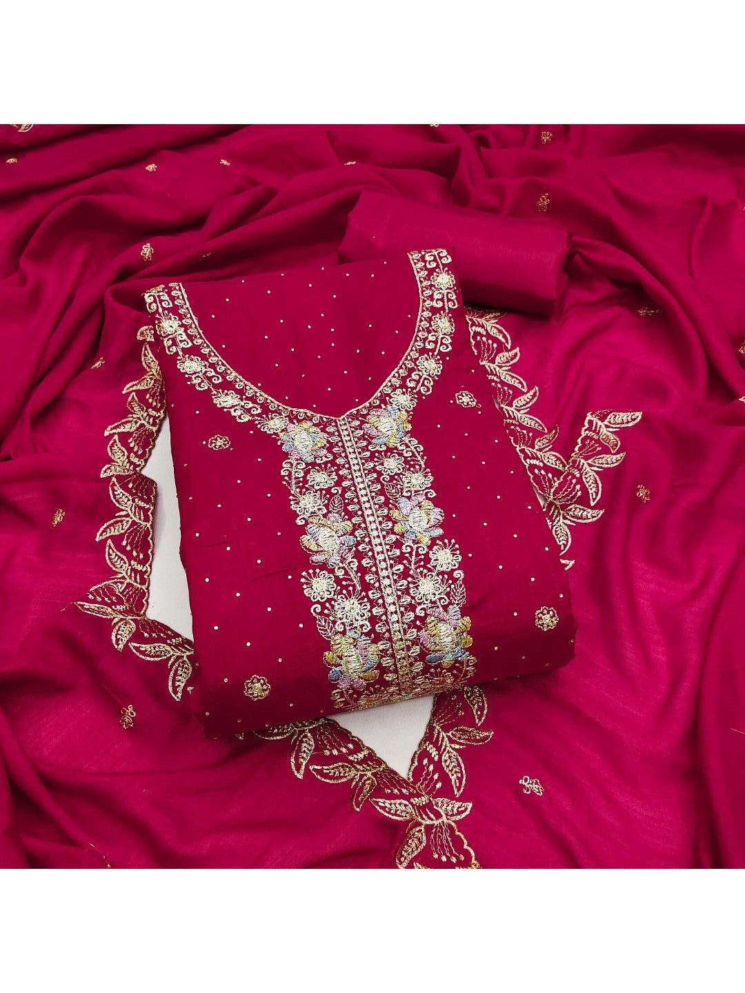 Dreamy Pink Floral Embroidery Vichitra Silk Dress Material Enhanced With Swarovski Work - Image 3