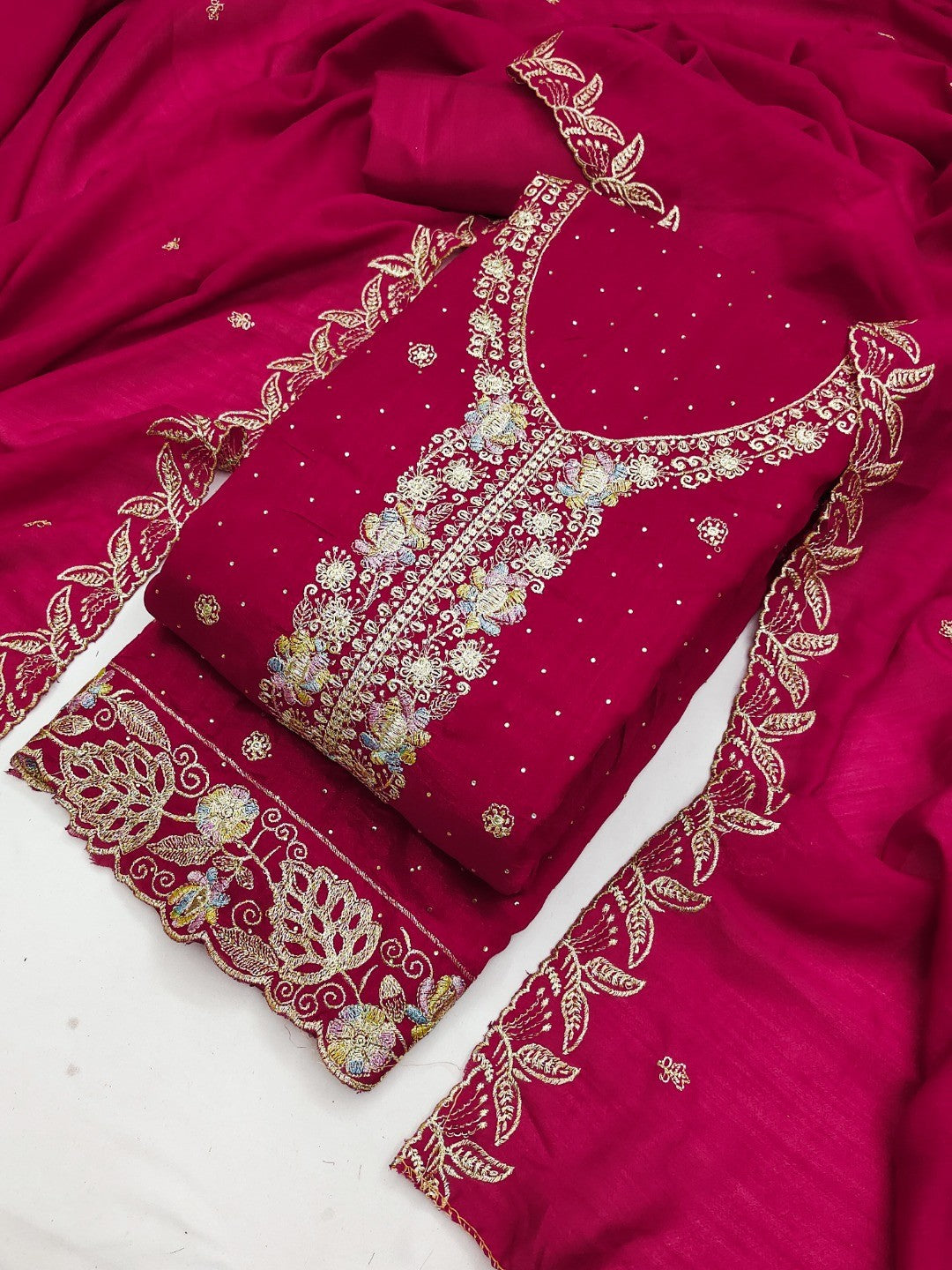 Dreamy Pink Floral Embroidery Vichitra Silk Dress Material Enhanced With Swarovski Work - Image 1