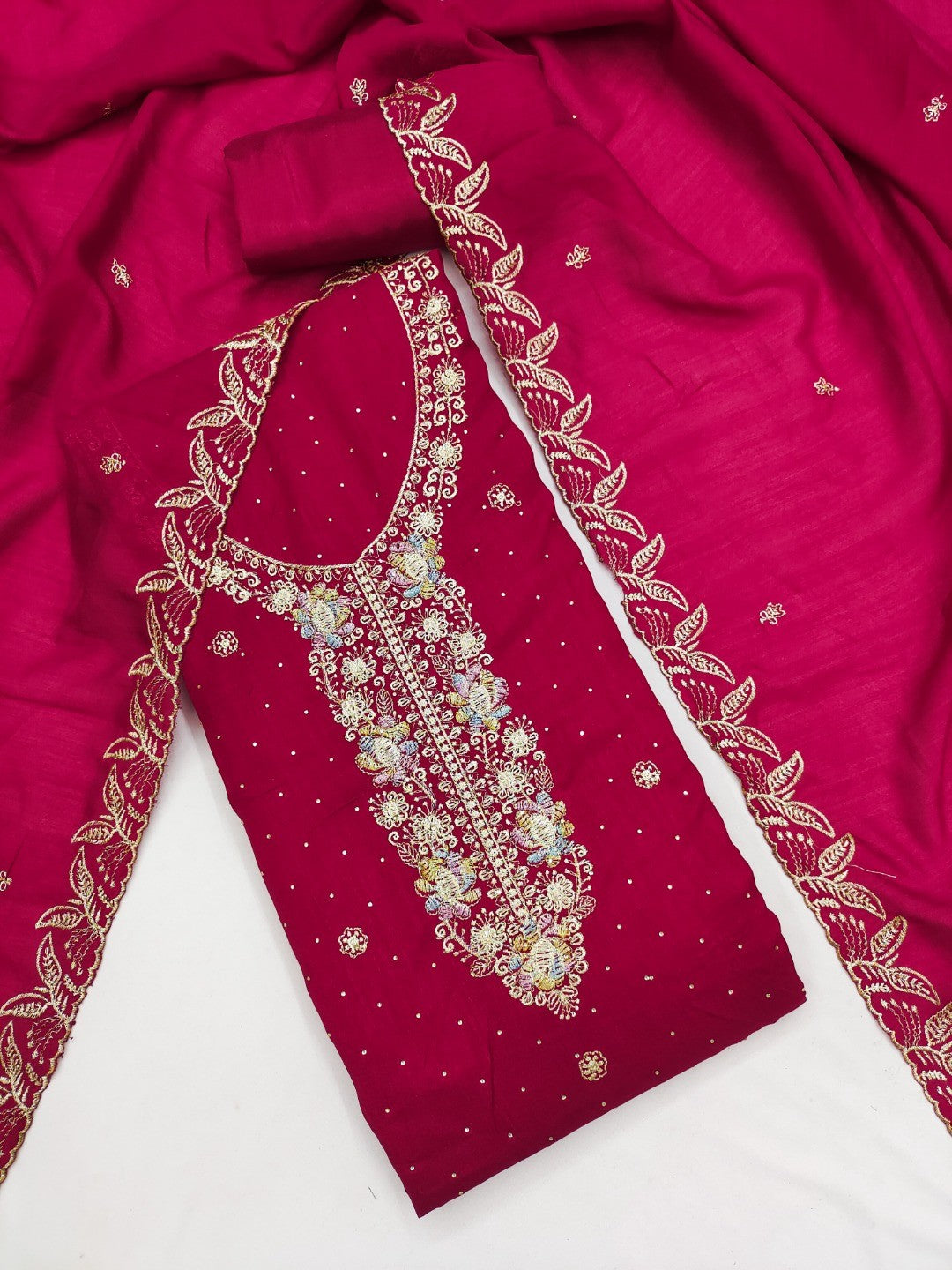 Dreamy Pink Floral Embroidery Vichitra Silk Dress Material Enhanced With Swarovski Work - Image 4