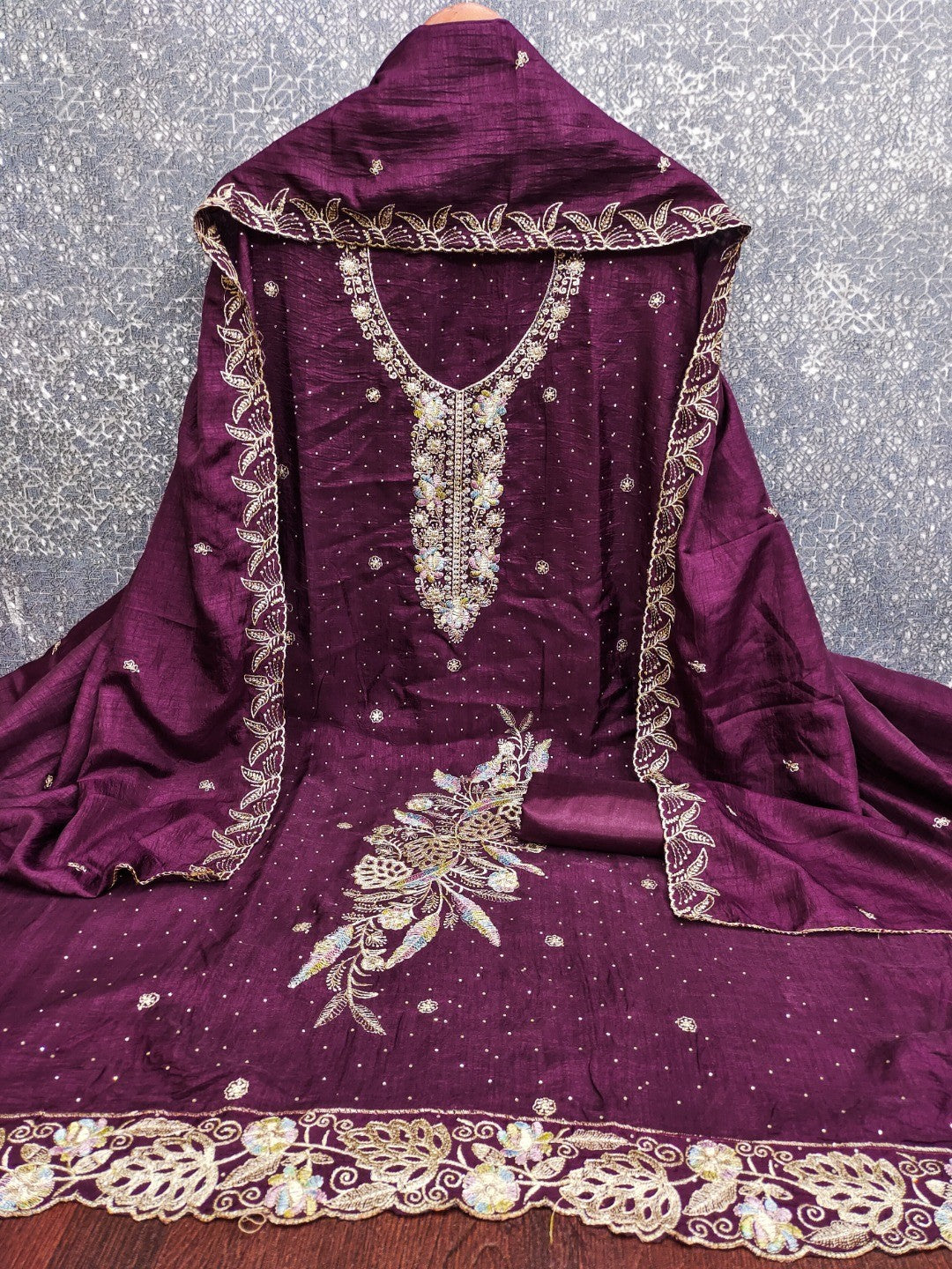 Dreamy Purple Floral Embroidery Vichitra Silk Dress Material Enhanced With Swarovski Work - Image 2