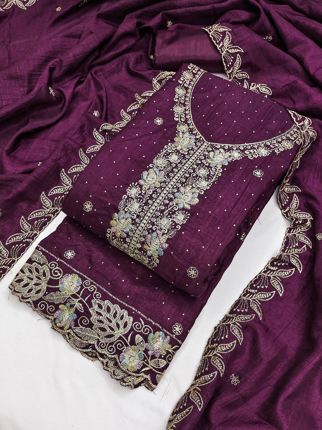Dreamy Purple Floral Embroidery Vichitra Silk Dress Material Enhanced With Swarovski Work - Image 4