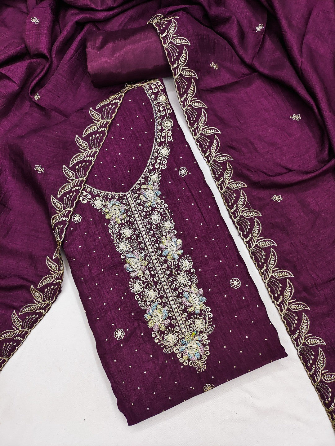 Dreamy Purple Floral Embroidery Vichitra Silk Dress Material Enhanced With Swarovski Work - Image 4