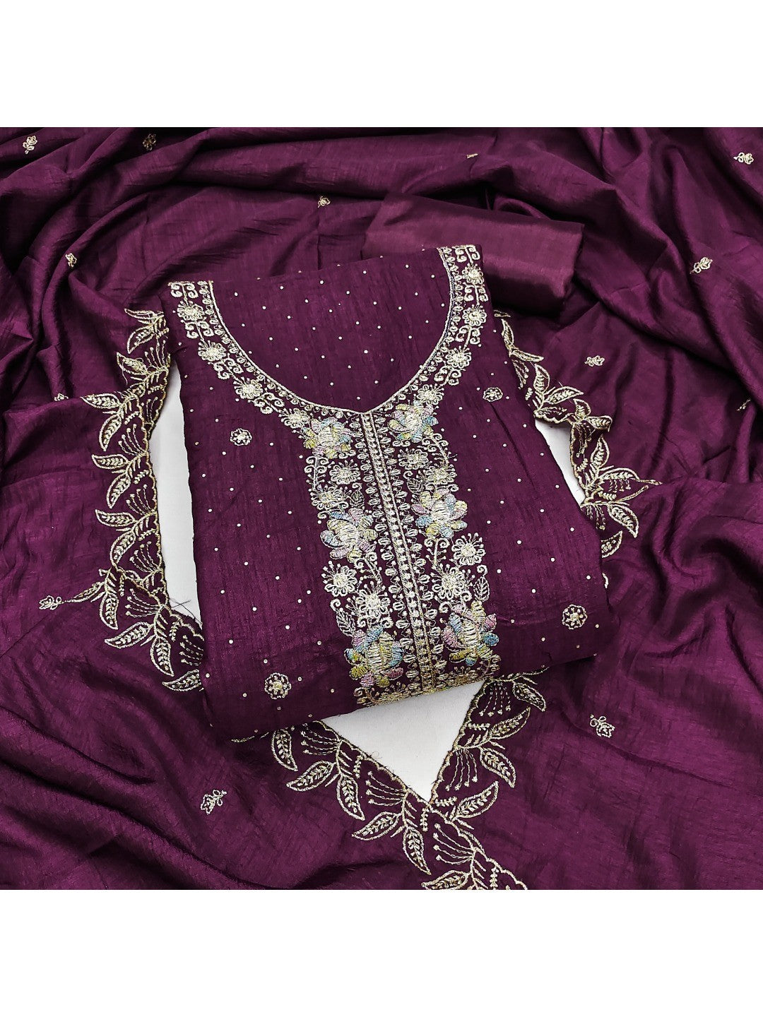 Dreamy Purple Floral Embroidery Vichitra Silk Dress Material Enhanced With Swarovski Work - Image 1