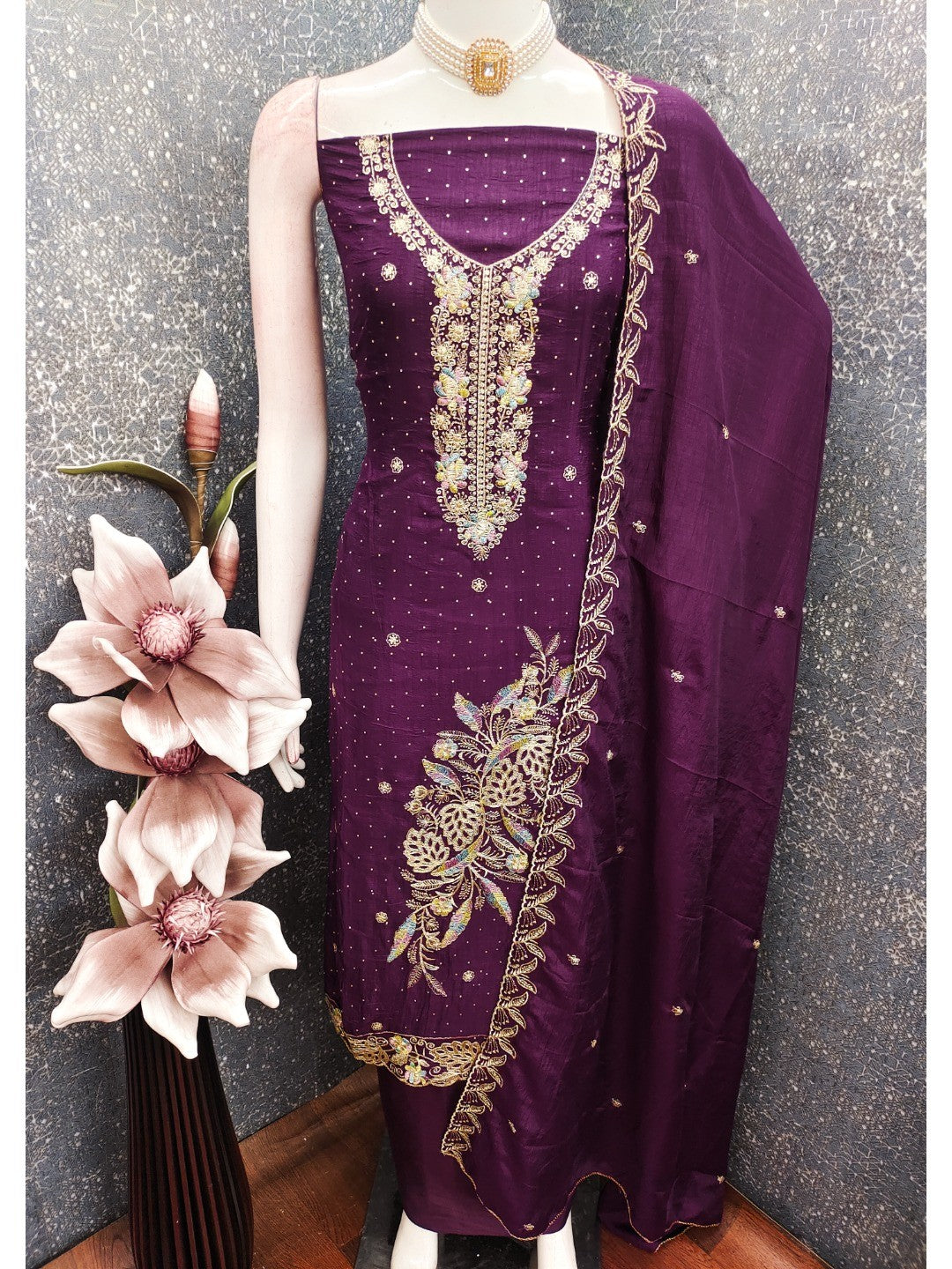 Dreamy Purple Floral Embroidery Vichitra Silk Dress Material Enhanced With Swarovski Work - Image 3