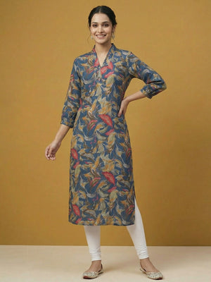 Blue Floral Print Viscose Kurti with Mandarin Collar and Detailed Floral Pattern - Image 1