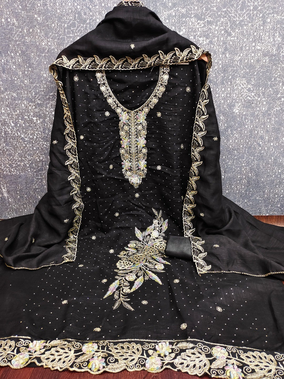 Dreamy Black Floral Embroidery Vichitra Silk Dress Material Enhanced With Swarovski Work - Image 4